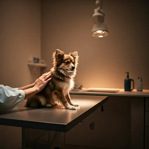 Interior cálido de una clínica veterinaria con un perro tranquilo — CMV Hospital.