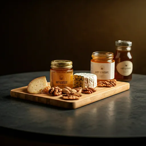 Tabla de quesos con miel y frutos secos bajo luz dorada — Hot Cheese.