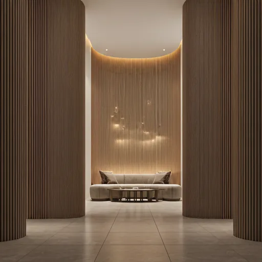 Lobby de un hotel boutique con materiales orgánicos e iluminación suave — sector hotelería.