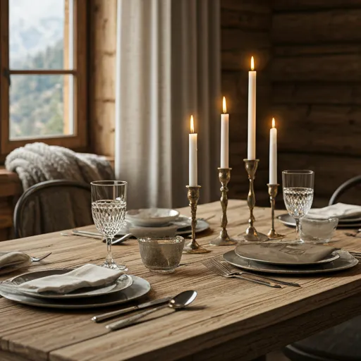 Mesa de madera en un refugio de montaña con velas y textiles cálidos — Monte & Mesa.