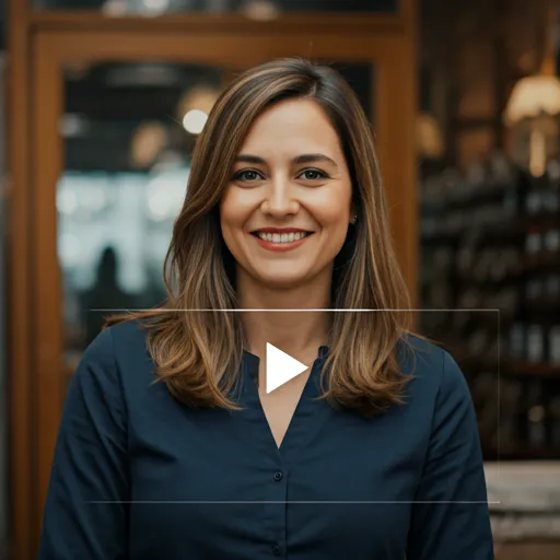 Fotograma de un video testimonio: una emprendedora sonríe en su tienda bien iluminada.