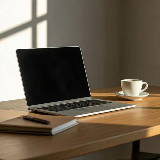 Espacio de trabajo moderno con laptop, libreta y café bajo luz suave.